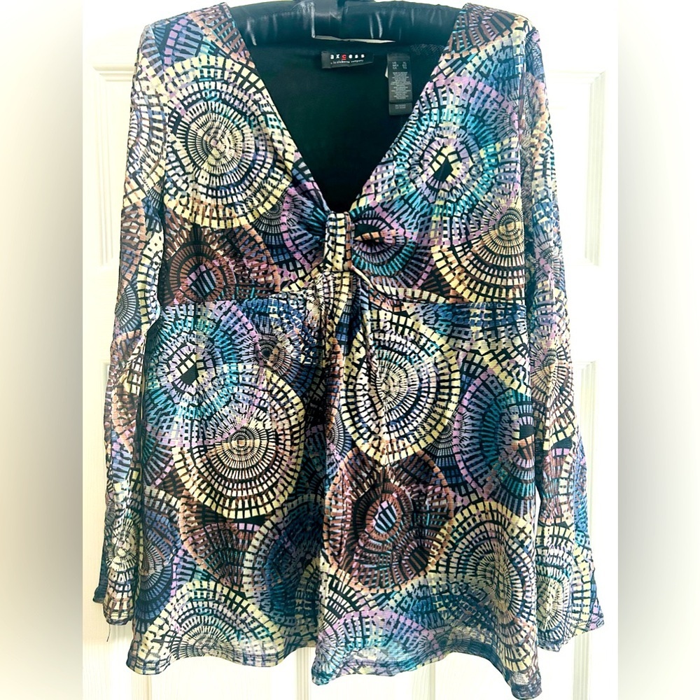 NYLoN MeSH Vintage 90s Y2K Axcess Liz Claiborne Long Sleeve Top Kaleidoscope XL
